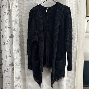 Free People  Hooded Cardigan Fringe Black Open Front Relaxed Boho